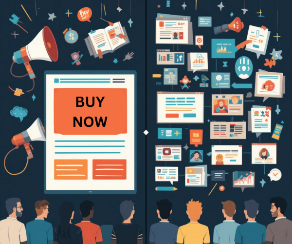 Illustration comparing traditional advertising with content marketing, showing loud "Buy Now" ads on one side and engaging digital content like blogs, videos, and social media on the other, with users responding positively to value-driven content.