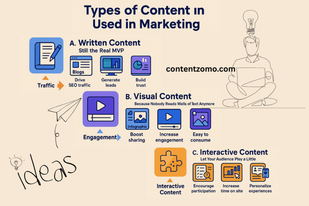 Infographic illustrating three main types of content used in digital marketing: written content (blogs, eBooks, newsletters), visual content (videos, infographics, images), and interactive content (quizzes, surveys, interactive graphics), with colorful icons and labeled sections.
