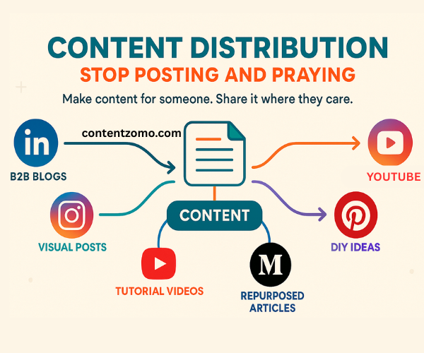 Flat-style infographic titled "Strategies for Effective Content Marketing" showcasing elements such as audience research, content planning, content calendar, collaboration, and distribution across various platforms. 