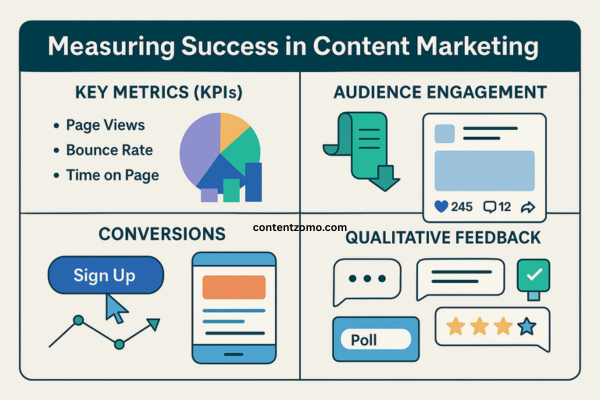 Infographic illustrating key performance indicators (KPIs), user engagement signals, and audience feedback methods used to measure success in content marketing, with icons of graphs, checklists, and analytics tools in a clean flat-style design.