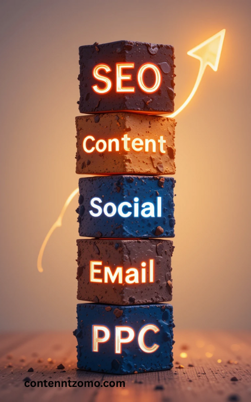 uilding blocks labeled SEO, Content Marketing, Social Media, Email, and PPC 