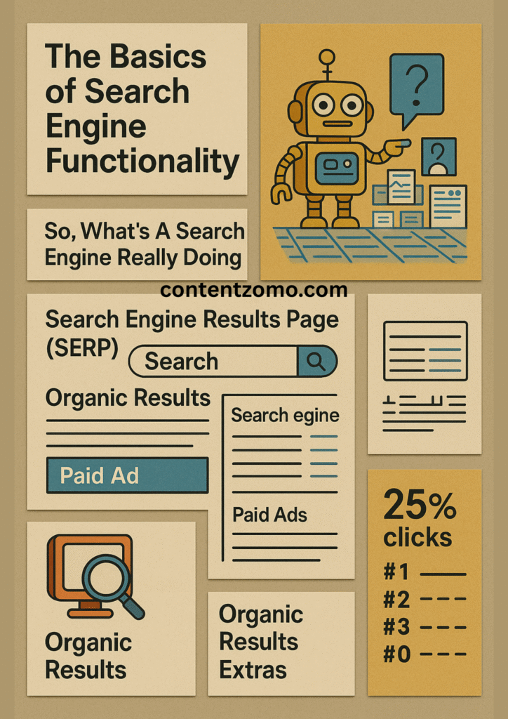 A 2D infographic explaining the basics of how search engines work. Includes visual elements such as a robot representing search engine bots, a mock-up of a search engine results page (SERP), and breakdowns of organic results, paid ads, featured snippets, and user behavior data like click-through rates.