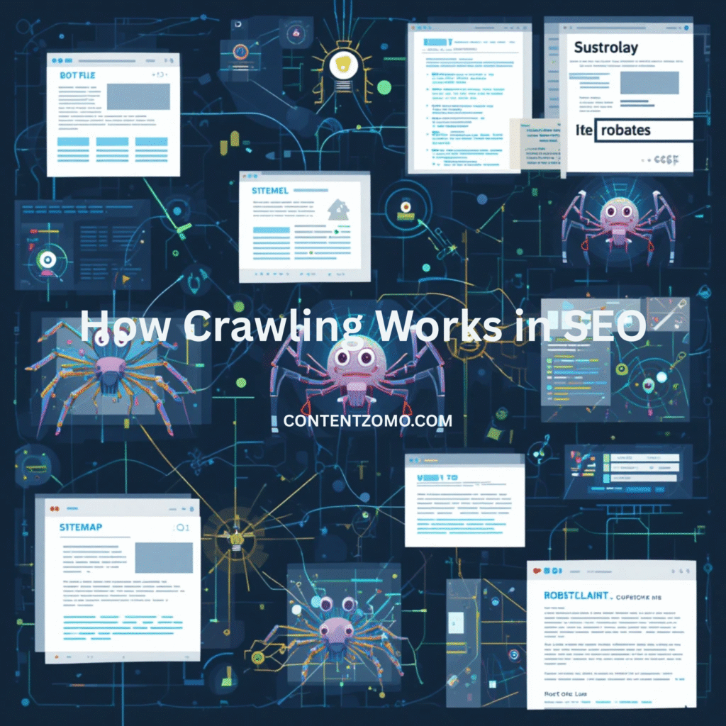 Moodboard illustration of crawling in SEO, showing robotic spider bots navigating wireframe website layouts with link paths, HTML snippets, sitemap elements, and a simplified robots.txt file. Background includes neon green and dark-blue tones with connecting digital lines.
