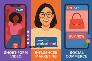 Visual showing short-form video, influencer marketing, and social commerce.