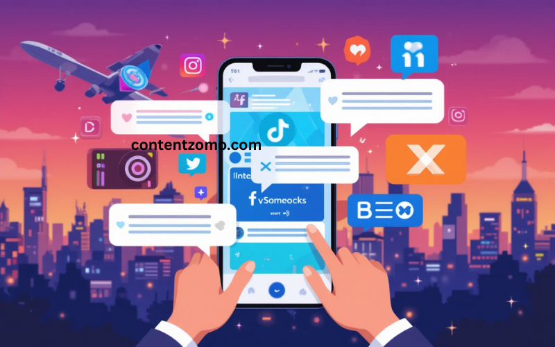 Smartphone screen surrounded by Instagram, TikTok, LinkedIn, and X icons, with animated hands engaging through likes and shares, set against a glowing global skyline.