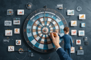 Marketing strategy dartboard with KPIs like CTR, conversions, and engagement rate.