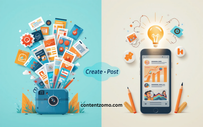 Split-screen showing Reels, memes, carousels, and analytics icons orbiting a content funnel labeled “Create → Post → Optimize".