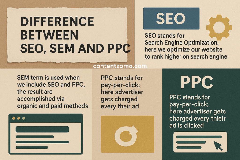 A visual mood board comparing SEO, SEM, and PPC with simple definitions, icons, and a layout using blue, gold, and green tones to represent search engine strategies